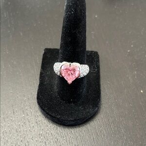14 k White Gold heart shaped pink stone & pave ring
